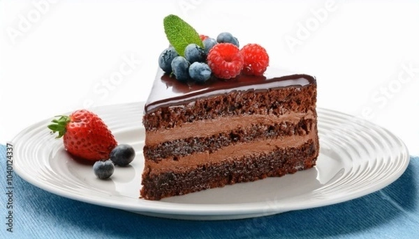 Fototapeta closeup of a chocolate cake slice with delicious glaze and berries on a white plate isolated on white background