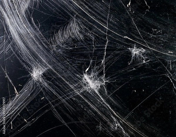 Fototapeta scratches and white dust on a dark background the appearance of grime on glass