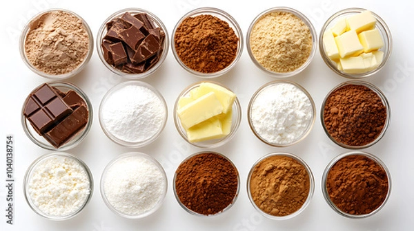 Fototapeta Baking ingredients like sugar, butter, chocolate, and cocoa powder are beautifully arranged in glass bowls, showcasing variety of textures and colors that inspire creativity in kitchen