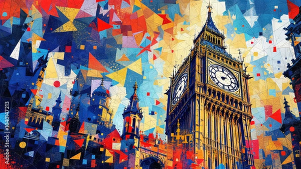 Fototapeta A bold interpretation of Big Ben with energetic mosaic collages and a pop culture mashup in green, blue, and yellow