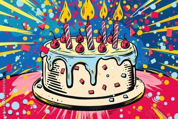 Fototapeta Colorful birthday cake with candles in pop art style. Birthday celebration and party concept.