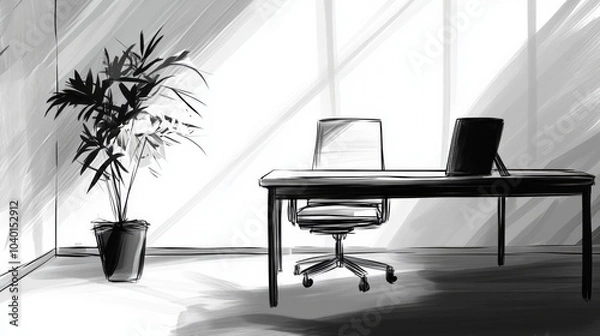 Fototapeta Storyboard black and white line art illustration, close up shot surface of clean office desk. modern office ambience, 