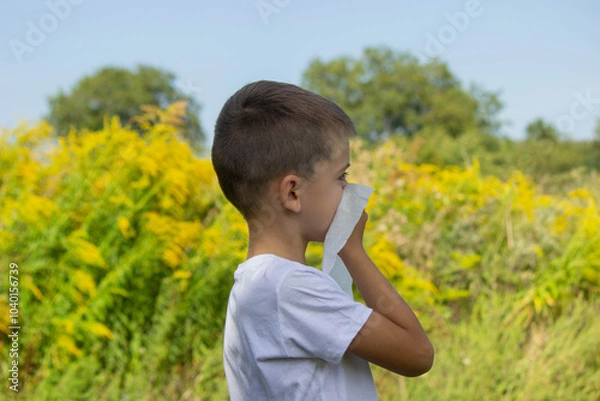 Fototapeta the child sneezes into a napkin, allergic to ragweed. selective focus