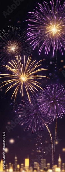 Obraz Stunning gold and dark violet fireworks illuminate the night sky on New Year's Eve