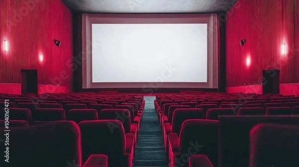 Fototapeta A spacious empty movie theater with red velvet seats and a blank screen, awaiting the start of a film, set against a white background