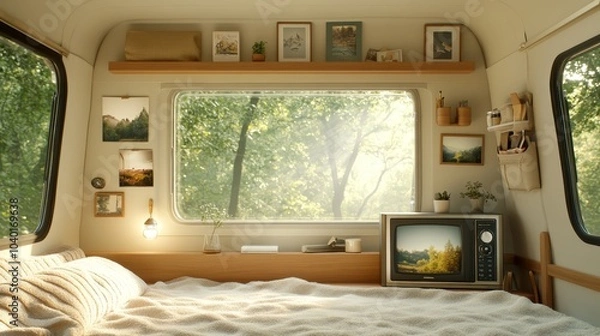 Fototapeta A vintage TV in a camper van, cozy blankets, travel photos on the wall, small window with sunlight streaming in, very realistic
