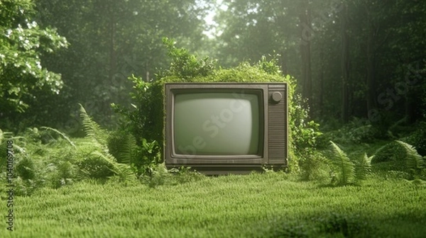 Fototapeta An old television in a forest, moss growing over the TV, sunlight filtering through the trees, mystical atmosphere, very realistic