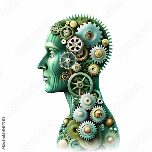 Fototapeta Human Silhouette Merging Robotic Gears Abstract Background Concept Seamless Integration Human Machine Capabilities Soft Image Design Ample Copy Space Photography Stock