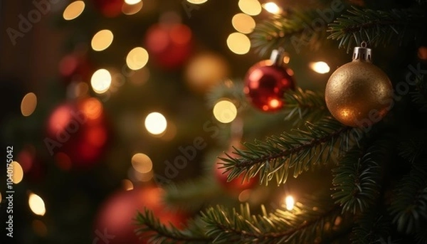 Obraz  Merry Christmas  A festive tree adorned with twinkling lights and shiny ornaments