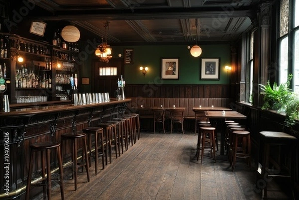 Fototapeta Cozy Pub Nook Atmospheric Wide-Angle Shot of Rustic Wooden Bar Counter in Dimly Lit Bar Interior with Green Wall, Leather Booth, and Cityscape View - Classic Charm and Inviting Ambiance