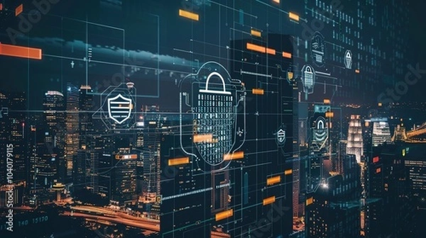 Fototapeta Modern Network Security Interface: Intricate Cyber Defenses, Encrypted Data Streams, Neon Cityscape Backdrop