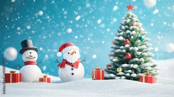Fototapeta Christmas tree, snta Claus, snowman and gifts flat design front view North Pole theme 3D render 
