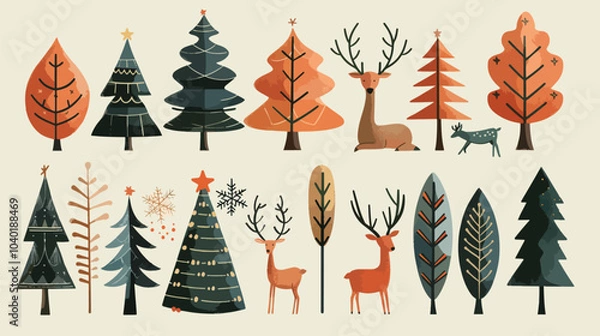 Fototapeta Flat lay illustration A collection of christmas trees and decorations including deer, Christmas Background, Christmas Decoration