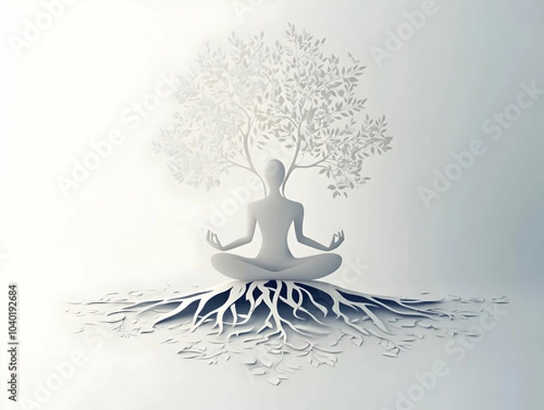 Fototapeta Flat Mindfulness Meditation Tree Concept Vector Illustration of a White Tree with Roots Forming Meditating Figure, Panning Camera Revealing Leaves Symbolizing Mental Wellbeing, Isolated on White