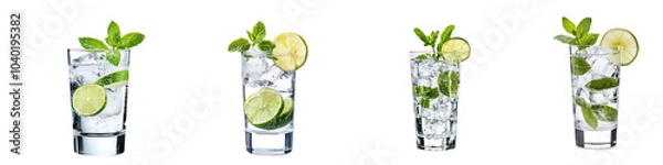 Fototapeta Classic gin and tonic in a highball glass, garnished with a lime wedge and a sprig of mint. isolated on transparency background