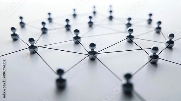 Fototapeta Silver spheres interconnected on white surface representing network connections