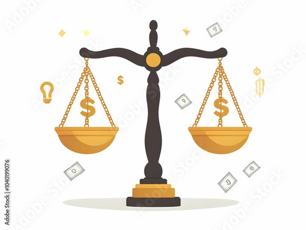 Fototapeta Flat Flying Golden Scales Balancing Dollar Sign Lightbulb Isolated White Background Vector Illustration Financial Compromise Profit Innovation Simple Flat Design