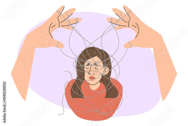 Obraz Emotional abuse vector isolated. Illustration of a woman with cluttered thoughts in head, big hands create mess in woman mind. Female character suffering from chaos in emotions.