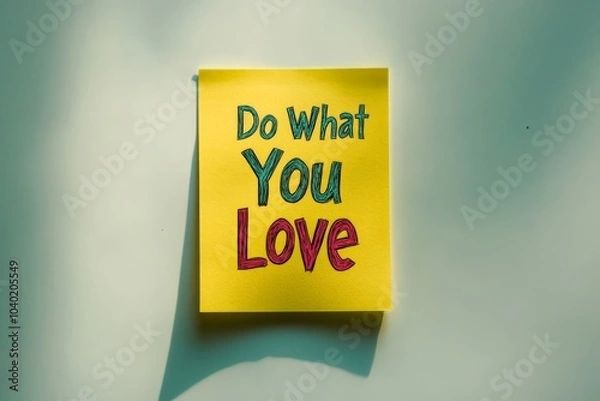 Fototapeta A motivating sticky note displaying the phrase ‘Do What You Love’ in colored script, urging the viewer to pursue their passions and interests with enthusiasm and commitment.