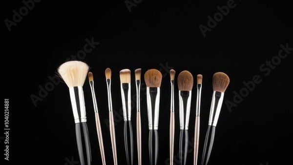 Fototapeta A set of eight makeup brushes with varying sizes, arranged in a row against a black background. Each brush features sleek metallic and wooden handles.