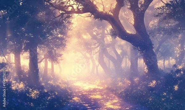 Fototapeta Enchanted Forest Path at Sunrise Scene