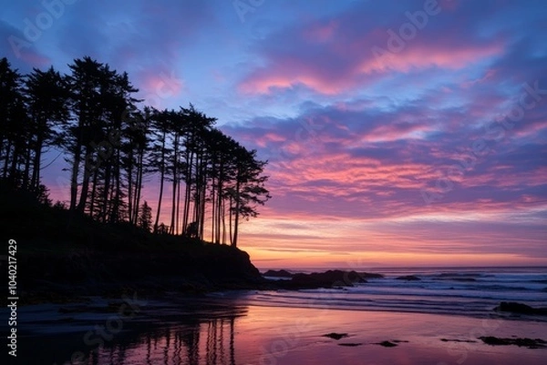 Fototapeta A stunning sunset view at the beach, featuring a lineup of tall silhouetted trees contrasted against a vibrant sky full of pink and purple hues.