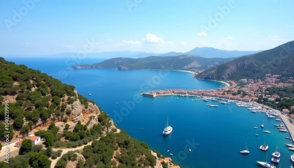 Fototapeta  Tranquil harbor nestled between verdant cliffs and azure sea