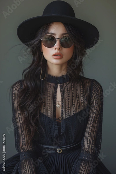 Fototapeta A striking portrait of a model wearing a black lace dress and round sunglasses, exuding confidence and mystery in an elegant setting.