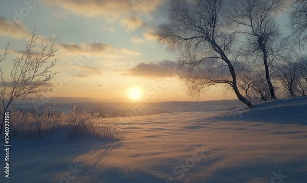 Fototapeta Tranquil Winter Sunrise Over Snowy Landscape