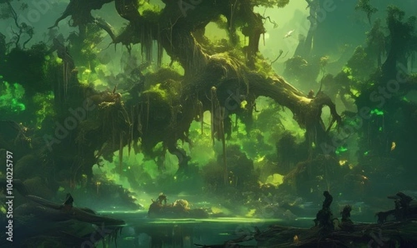 Fototapeta Enchanted Forest with Lush Greenery and Misty Atmosphere