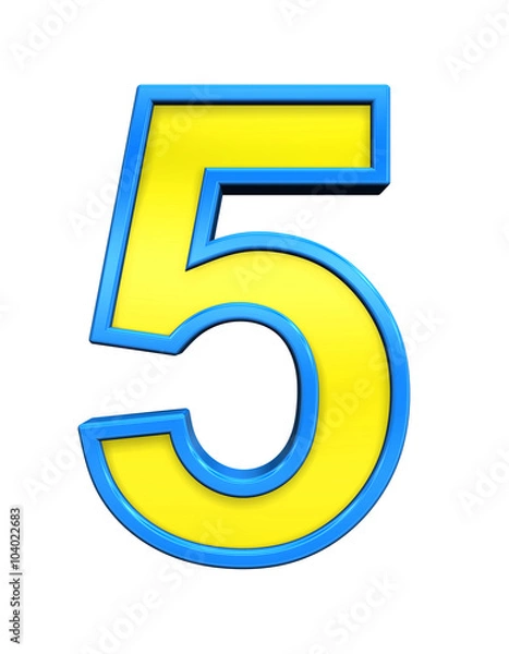 Fototapeta One digit from yellow glass with blue frame alphabet set, isolated on white. Computer generated 3D photo rendering.