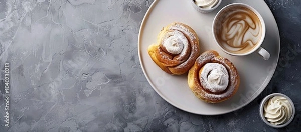 Fototapeta Plate with cinnamon buns cream and a cup of coffee on a textured grey background with space for text or design copy space image