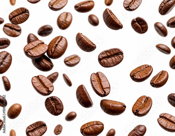 Fototapeta Coffee beans falling in the air isolated on a white background. Coffee beans flying.