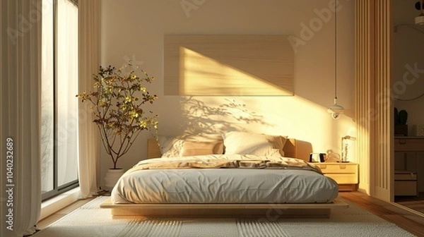 Fototapeta 3D rendering of minimalist bedroom with neutral decor and soft lighting