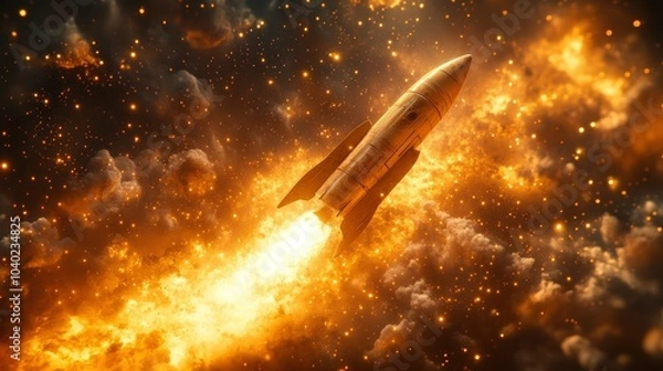 Obraz Rocket launching into a fiery atmosphere with smoke and stars