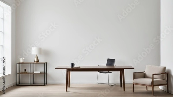 Fototapeta A minimal office features a wooden desk, black chair, beige armchair, and a side table with a modern lamp under soft, natural lighting from a large window.
