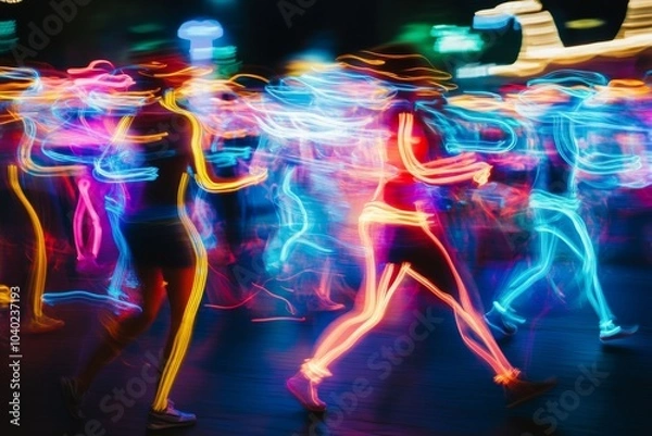 Obraz A group of people dance with neon lights in a dark setting, their movements creating colorful streaks of light.