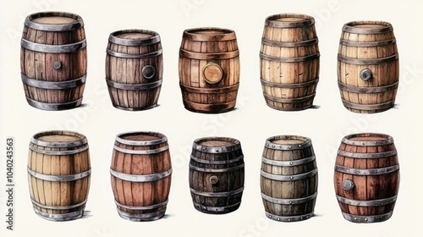 Obraz Stacked wooden barrels in a row, often used for storage or display