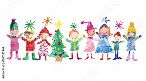 Obraz Children's crayon drawing of Christmas theme in festive attire celebrating with Christmas tree.