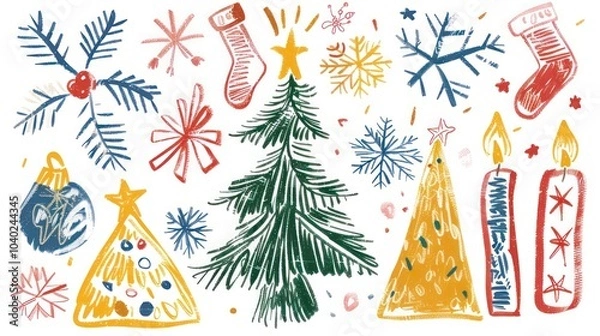 Fototapeta Children's crayon drawing of Christmas theme in festive attire celebrating with Christmas tree.