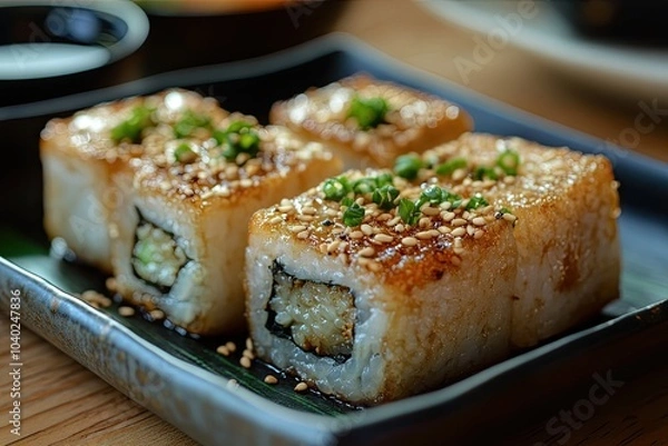 Fototapeta Delicious crispy sushi rolls garnished with sesame seeds and green onions, served on a stylish plate.