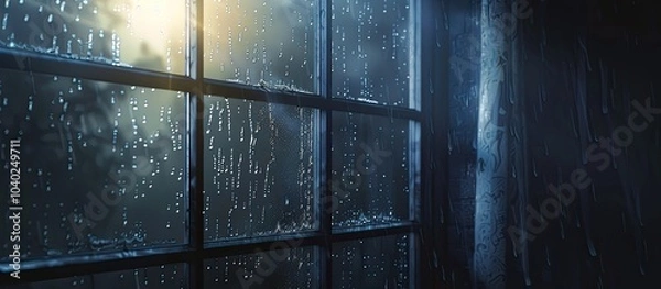 Fototapeta A rainy day scene with raindrops streaming down a window creating a gloomy background for a copy space image emphasizing melancholy weather with focused details