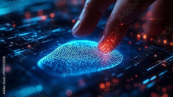 Obraz Close-up of a fingerprint being used to digitally sign a document on a touchscreen, holographic data readouts and glowing signature details, dark futuristic setting with blue ambient light,