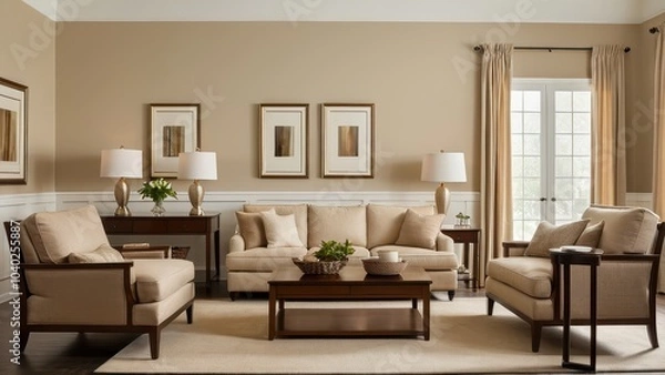 Fototapeta A cozy living room features beige sofas, wooden furniture, framed art, a large window, and decorative lamps, creating a warm and inviting atmosphere.