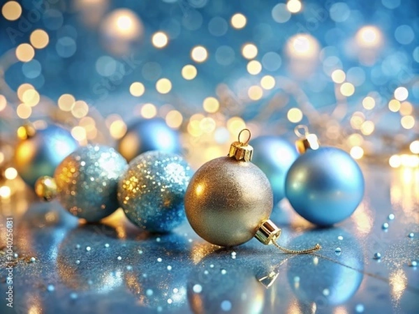Fototapeta Soft Blue Background with Shimmering Golden Elements and Luminous Orbs for Festive Decor