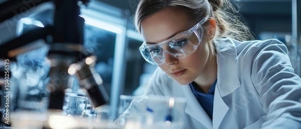 Fototapeta A focused data scientist conducting research in a laboratory setting. With protective gear and a microscope, she exemplifies the dedication to scientific inquiry and innovation.