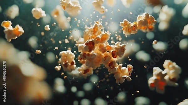 Fototapeta A falling popcorn flake is levitated in the air, a snack for relaxing.