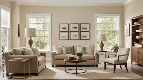 Fototapeta A cozy living room with a beige sofa, armchair, and wooden coffee table. Large windows allow ample light