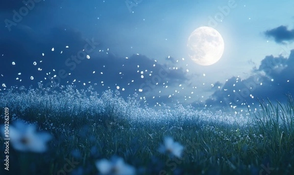 Obraz Enchanting Moonlit Meadow with Blooming Flowers