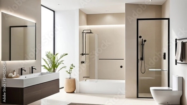 Fototapeta Modern bathroom with glass shower, dual sinks, large mirror, and minimalist decor. Neutral tones and natural light create a serene atmosphere.